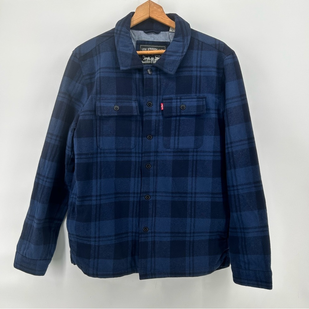 Levi Strauss & Co Navy Blue Plaid Flannel Zip & Button Up Shacket Jacket Sz M